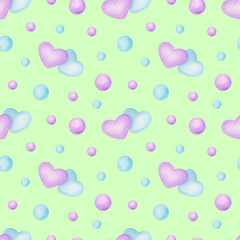 Gentle hearts watercolor seamless pattern. Gentle blue and purple hearts. Design for fabric, textile, wallpaper, greeting card.	