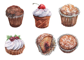 Two cakes with cream and berries, three whole muffins and one half on a white background. Watercolor.