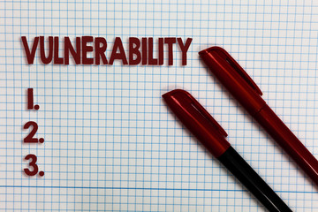 Conceptual hand writing showing Vulnerability. Business photo showcasing Information susceptibility...