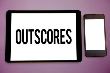 Writing note showing Outscores. Business photo showcasing Score more point than others Examination Tests running Health care Wide framed white smart screen tablet text messages communicate idea