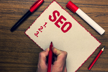 Handwriting text Seo. Concept meaning Search engine optimization increase in online marketing...