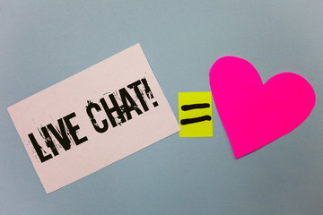 Handwriting text writing Live Chat Motivational Call. Concept meaning Real time media conversation Online communicate Equal symbol sticky notes heart love plane coloured background calculation