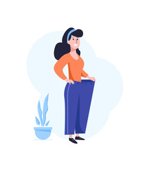 Losing weight. Successful dieting concept. Happy woman with in oversized pants. Flat vector illustration isolated on white background