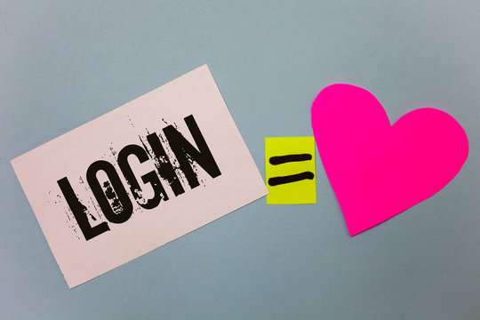Handwriting text writing Login. Concept meaning Act of entering into a computer database or system Starting session Equal symbol sticky notes heart love plane coloured background calculation
