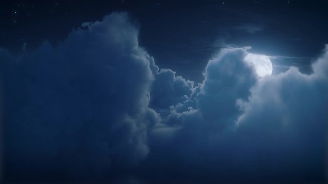 4k. Night flight over thunderclouds. High-detailed clouds. Moon.