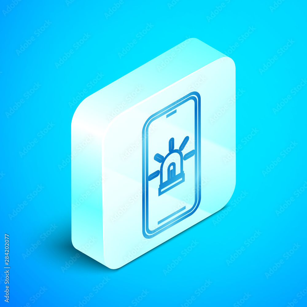 Poster isometric line mobile phone with smart house and alarm icon isolated on blue background. security sy