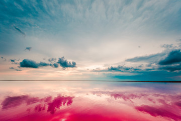 Fototapeta na wymiar aerial view of pink lake and sandy beach