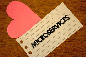 Word writing text Microservices. Business concept for Software development technique Decomposing an application Paperpiece page heart table background typing job clerk study material