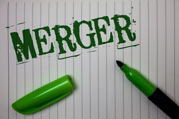 Handwriting text Merger. Concept meaning Combination of two things or companies Fusion Coalition...