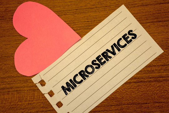 Word writing text Microservices. Business concept for Software development technique Decomposing an application Paperpiece page heart table background typing job clerk study material