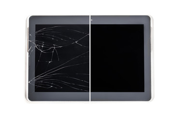 Сoncept showing broken tablet screen vs tempered-glass protected
