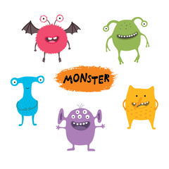 Set of cute different cartoon monsters, elements for your design, prints and banners. Monster colorful collection. Happy Halloween. White background. Flat design.