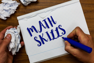 Conceptual hand writing showing Math Skills. Business photo showcasing starting to learn how to count numbers add divide use equation Man holding marker notebook crumpled papers ripped pages