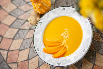 pumpkin soup with slices of pumpkin, delicious cream soup