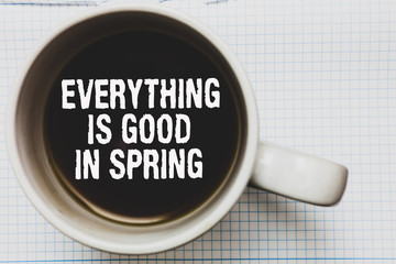 Writing note showing Everything Is Good In Spring. Business photo showcasing Happiness for the season Enjoy nature Coffee mug with black coffee floating some white texts on white paper