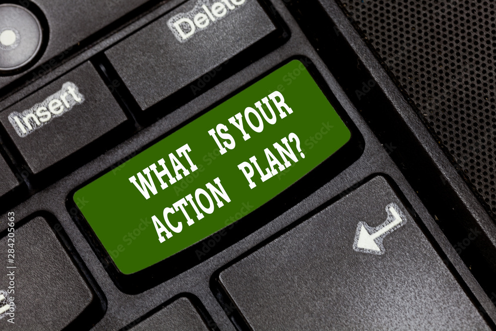 Poster text sign showing what is your action planquestion. conceptual photo explain your steps for reach yo