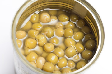 open peas in brine canned , canned food isolated on white background