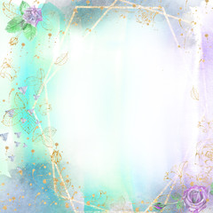Abstract background with roses and golden lines on a turquoise-lilac background. Watercolor background with computer processing