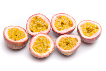 Half cut passion fruit isolated on white background, sour fruit, fruit background, healthy food
