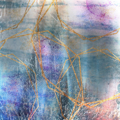 Abstract background with scuffs and golden lines on a blue and purple background. Watercolor background with computer processing