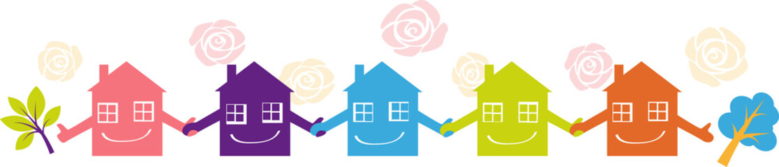 Little houses holding hands representing a neighborhood watch program, EPS 8 vector illustration