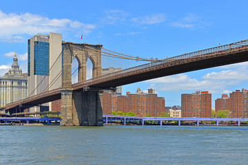Old famous Brooklyn Bridge (1883), hybrid cable-stayed, suspension bridge in New York City. United States
