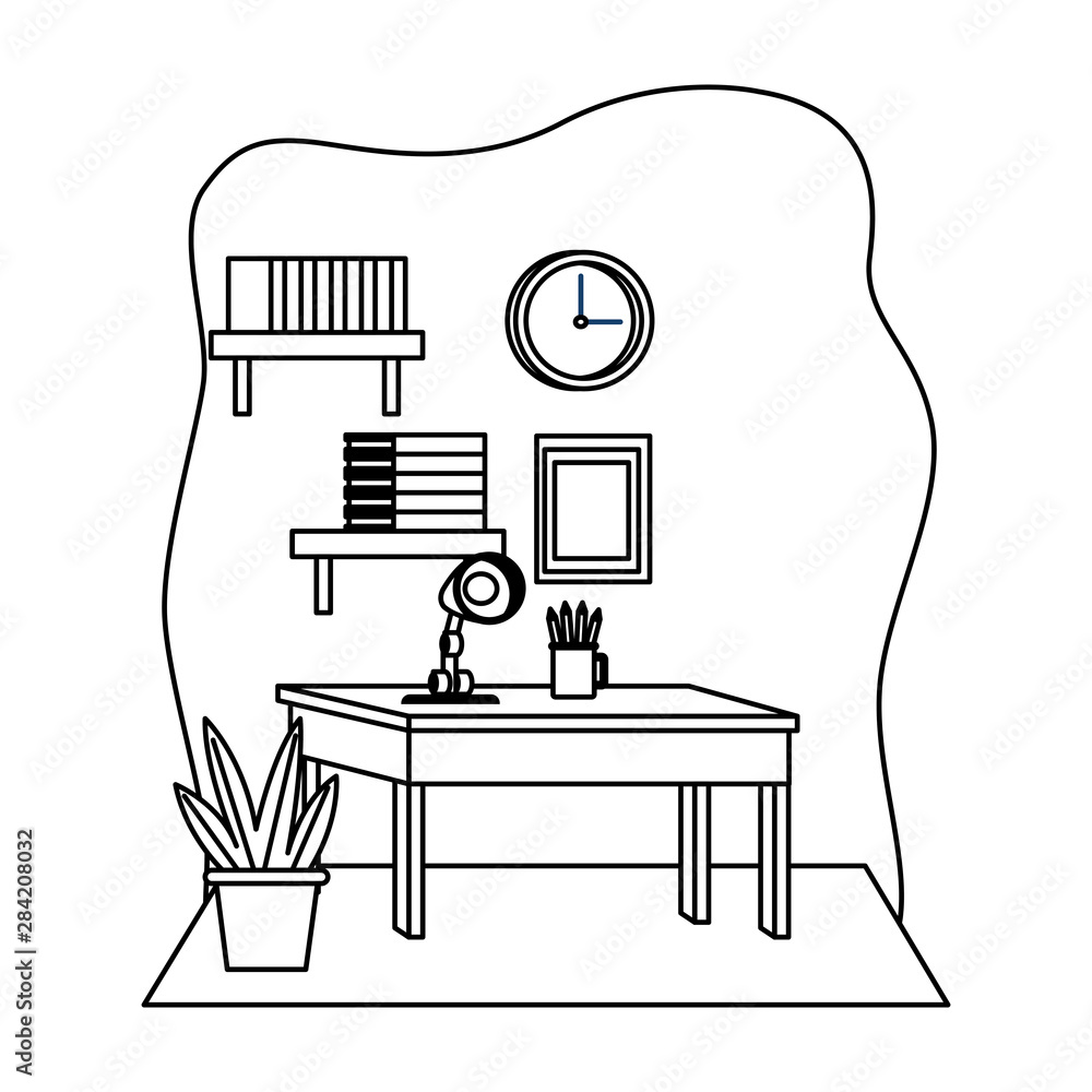 Sticker Office and workplace elements cartoons in black and white