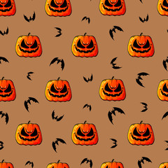 Halloween. Set scary pumpkins and bats. Seamless colorful pattern. Template design packing, brown background, textiles of festive for Halloween. Vector illustration