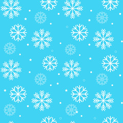 Seamless white winter pattern with snowflakes on blue background. Vector illustration.