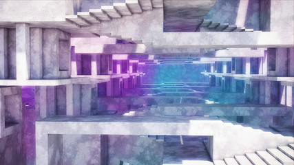 Abstract architecture made of concrete. concrete structures with bright lighting. In the distance, pink and blue smoke seeps between the structures. 3d render