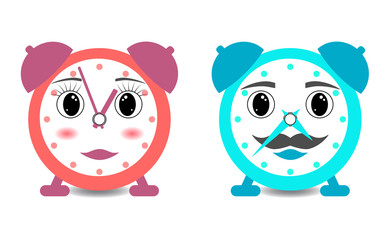 Cartoon kawaii alarm clock man and woman, symbol of a happy strong, loving family