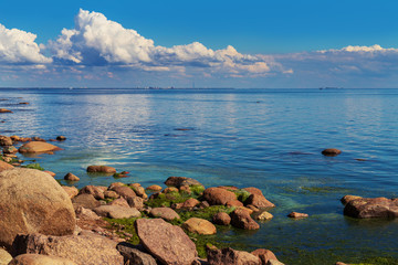 landscape with Saint-Petersburg skyline and clouds on Baltic sea