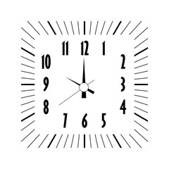 Retro clock face. Square hour dial with numbers and hour and minute hand. Dashes mark minutes and hours. Vintage design. Simple flat vector illustration
