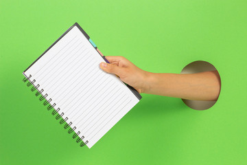 Kid holding open spiral notebook in hand through hole on light green background - Powered by Adobe