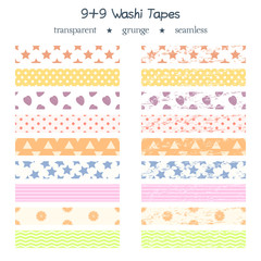 Vector set of 9 transparent seamless washi tapes. Elements for graphic design. Fully editable collection of different multicolor adhesive bands with grunge copy for your own projects. Eps10 file.