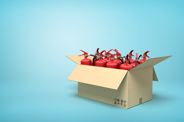 3d rendering of cardboard box full of red fire extinguishers on blue background.