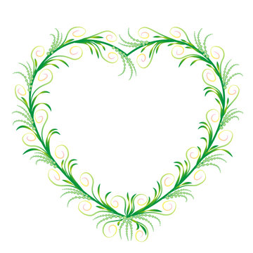Delicate, filigree heart frame. Romantic, elegant, feminine, floral green heart ornament with graceful and sylphlike spiral flourishes. Isolated vector illustration on white background.