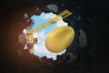3d rendering of hoisting crane carrying gold egg and breaking hole in black wall with blue sky seen through.