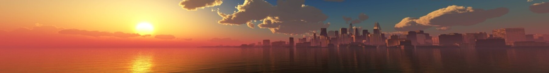 Fototapeta premium Panorama of sea sunset over the city. A city by the sea during sunset under the sky with clouds. Banner. ,