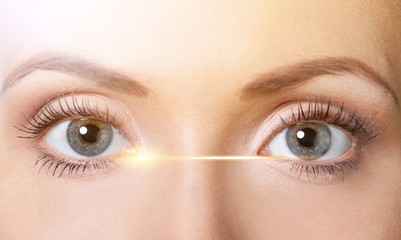 Fototapeta premium Closeup shot of woman eyes with day makeup. Long eyelashes