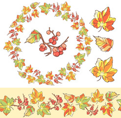 Wreath of leaves and berries. endless leaves horizontal pattern. collection of autumn leaves