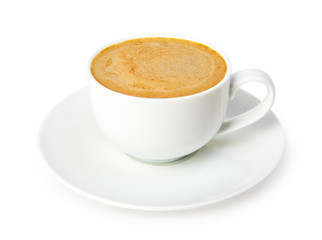 Espresso coffee in a white cup and saucer isolated on white background