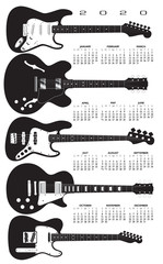 A 2020 calendar in a field of electric guitars.  A template with multiple possibilities.   
