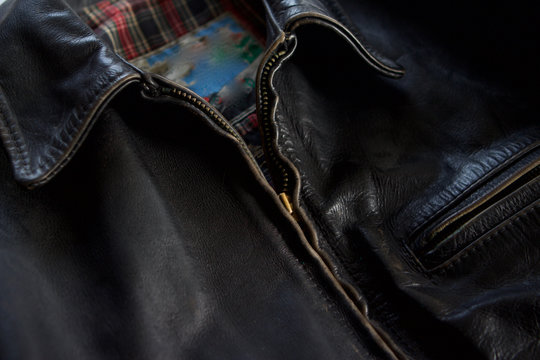 Detail of  black leather biker jacket collar