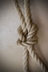 A reef knot in a length of hemp rope