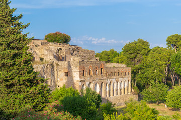 Panoramic view of the ancient city of Pompeii with houses and streets near Naples, Italy