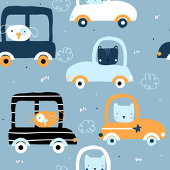 Seamless pattern with bear in cars. Cute kids print. Vector hand drawn illustration.