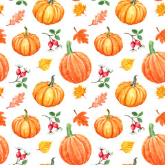 Watercolor autumn seamless pattern with orange pumpkins, colorful tree leaves and red berries. Fall symbols, isolated on white background. Decorative botanical art print for holiday design.