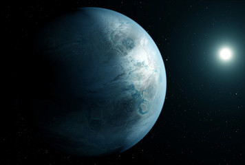 Unusual blue exoplanet, in space, with the sun on the right.  Elements of this image were furnished by NASA