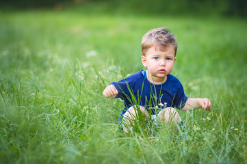 Cute little blond boy in blue t-shirt sitting in the grass in the park.